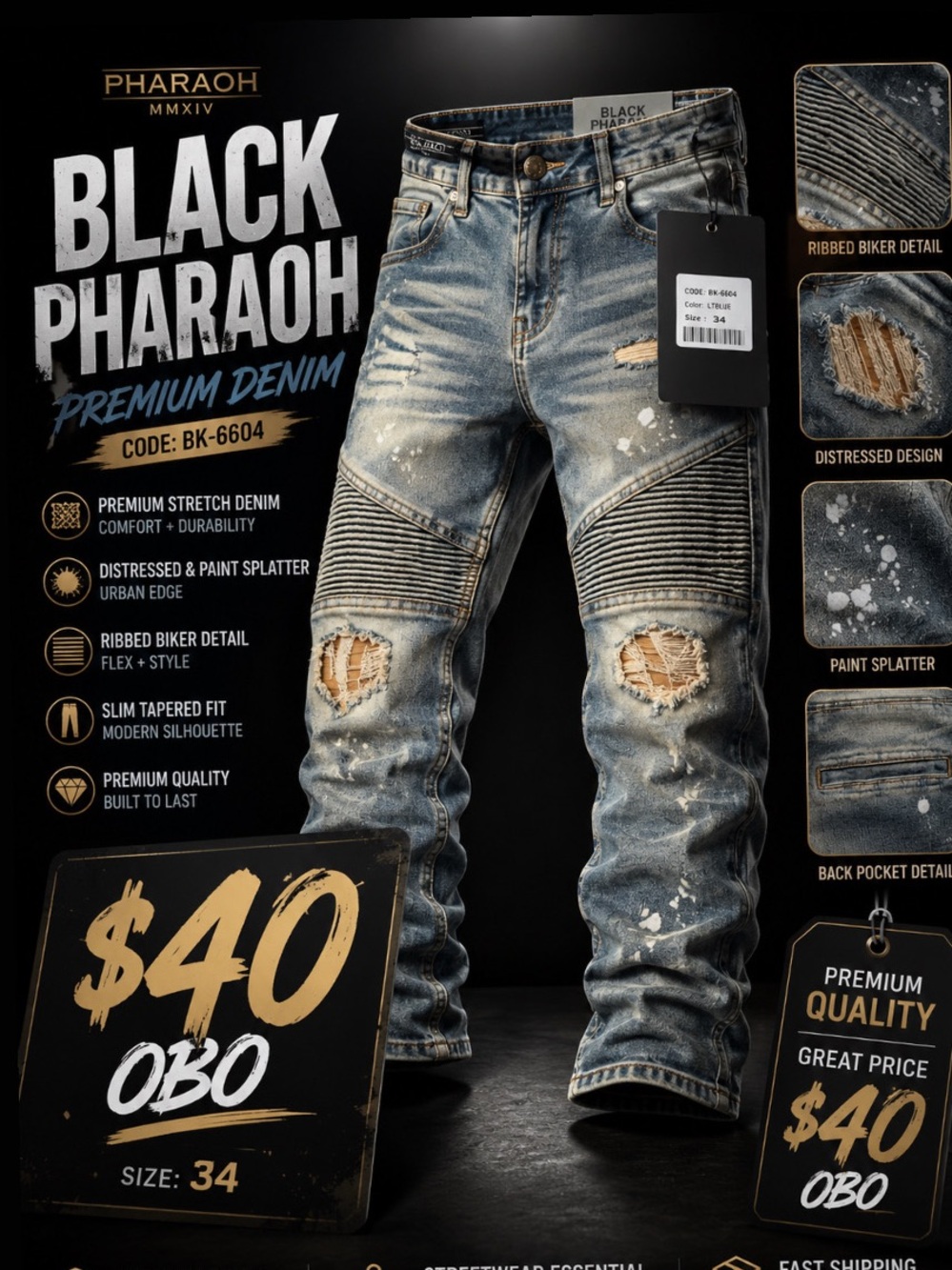 Slim Straight Distressed Blue Jeans